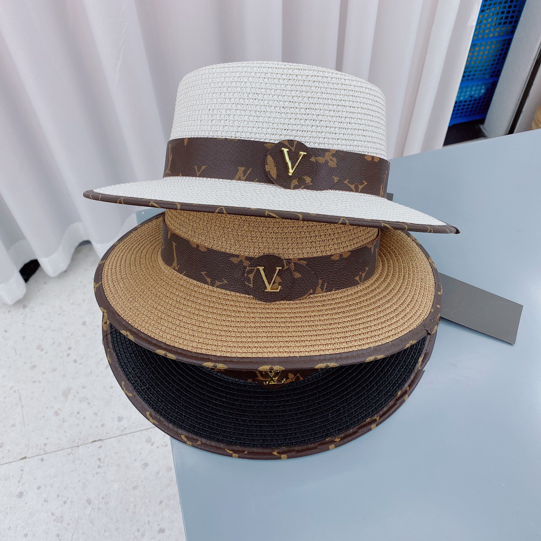 

22ss 3color  Designer V Sunshade Breathable Letters Straw Hats Women Elegant Flat Top Bucket Hat Summer Outdoor Wide Brim Sun Caps Fashion, Blue;gray