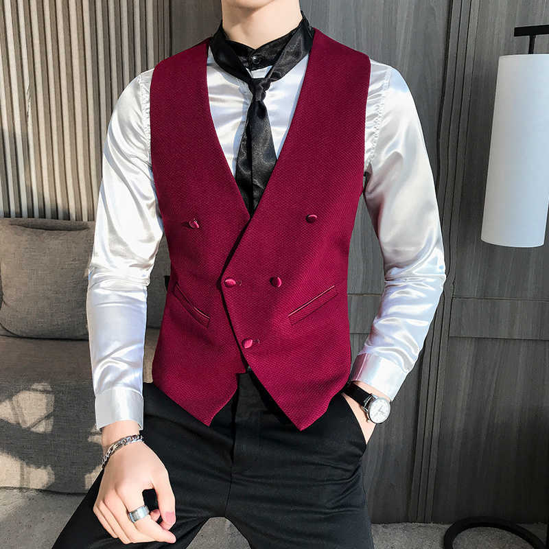 

Double-breasted Vest Men Plus Size  Men's Suit Dress Vest Formal Business Sleeveless Jacket Casual Slim Fit Waistcoat 210527, White