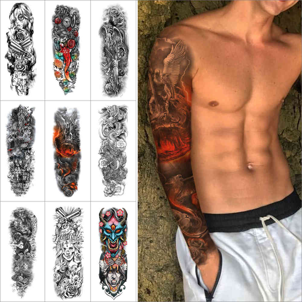 

1 Piece for Arm Sticker fish flower dragon demon angel Full arm temporary tattoo sticker Black Tattoo Sleeve