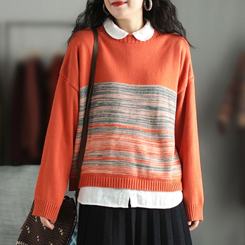 

Johnature Autumn Winter O-neck Pullovers Retro Patchwork All-match Knitted Sweater Loose Comfortable Women Knitwear 210521, Black