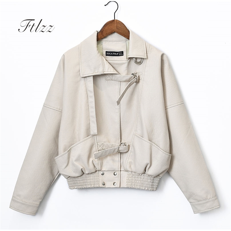 

Women Leather Coats Jaquetas Feminino Couro Spring Autumn Long Sleeved Loose Bikers Moto Black White Jackets 210602