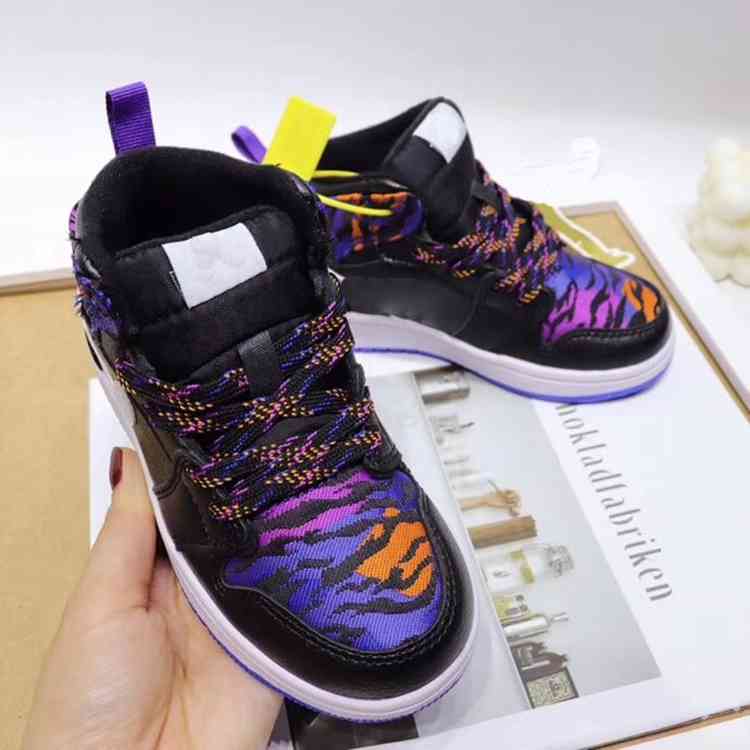 

Chicago Kids J1 Mid What the Tiger Print Children Boy Girls Trainers Orange black Sport Shoes size 27-35