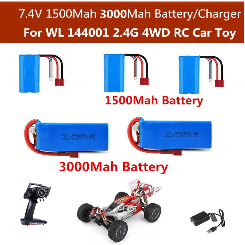 

7.4V 1500MAH Battery 3000Mah Battery USB Charger Remote Controller Other Parts For WL 144001 2.4G 4WD RC Drift Car Toy