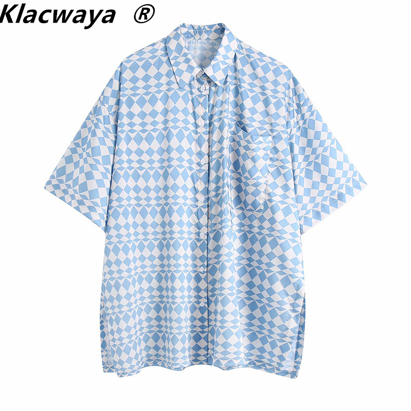 

Za Blue Geometric Print Women Shirt Short Sleeve Collared Button Up Oversized Woman Casual Summer Blouse 210521, As shown