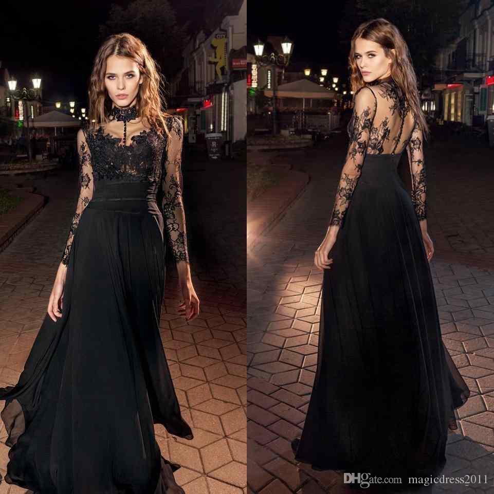 

2021 Black Prom Dresses Illusion Long Sleeves High Collar Lace Chiffon Evening Party Wear Modern Formal Vestidos, Black;red