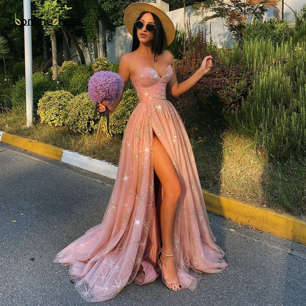 

Sparkly Tulle Elegant Evening Dress A-Line Sweetheart Sexy High Split Cocktail Formal Party Gown Prom 2021 Robes De Soirée