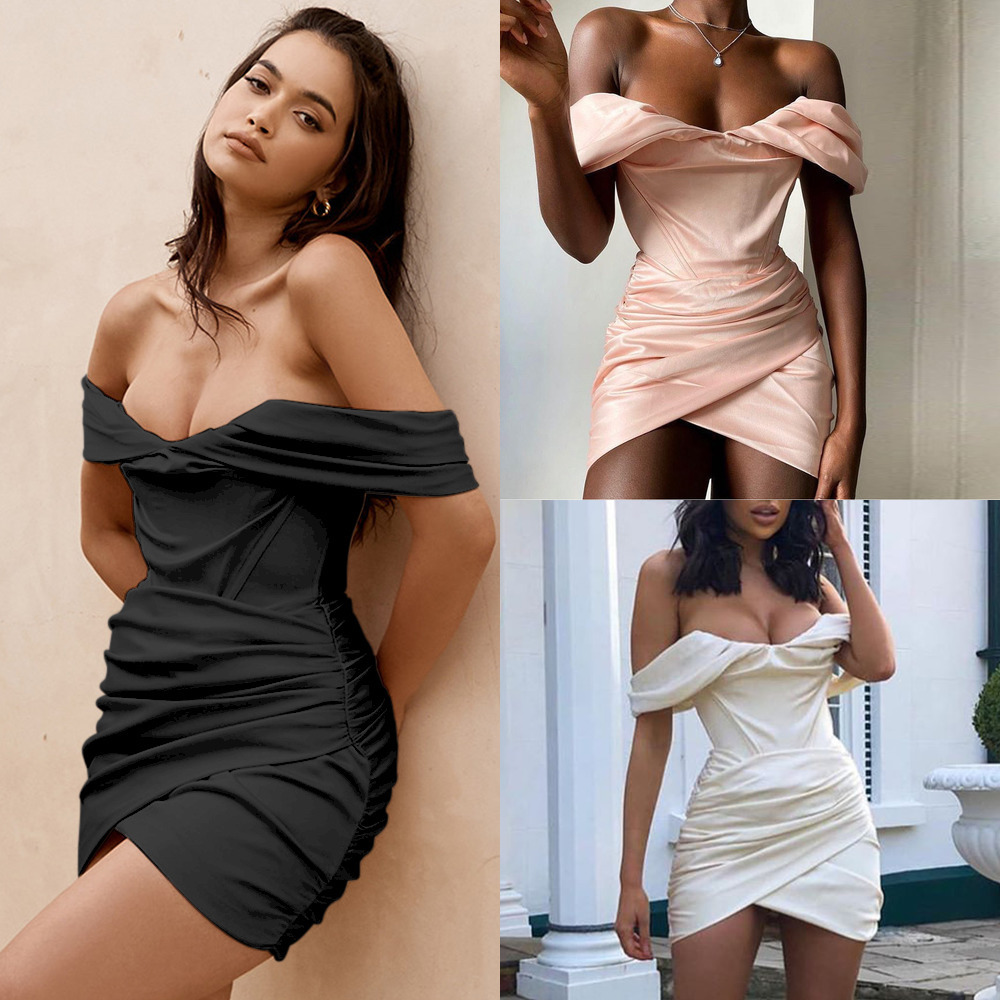 

JillPeri Off the Shoulder Ruched Mini Dress Fashion Christmas Celebrity Satin Pink Birthday Club Outfits Women Sexy Party Dress X0629, Black