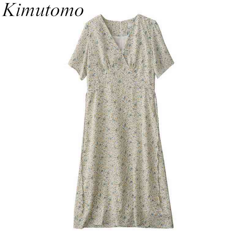

Kimutomo V-neck Retro Floral Dress Women French Style Summer Female Elegant Short Sleeve Slim Waist Lace Up Vestidos 210521, Photo
