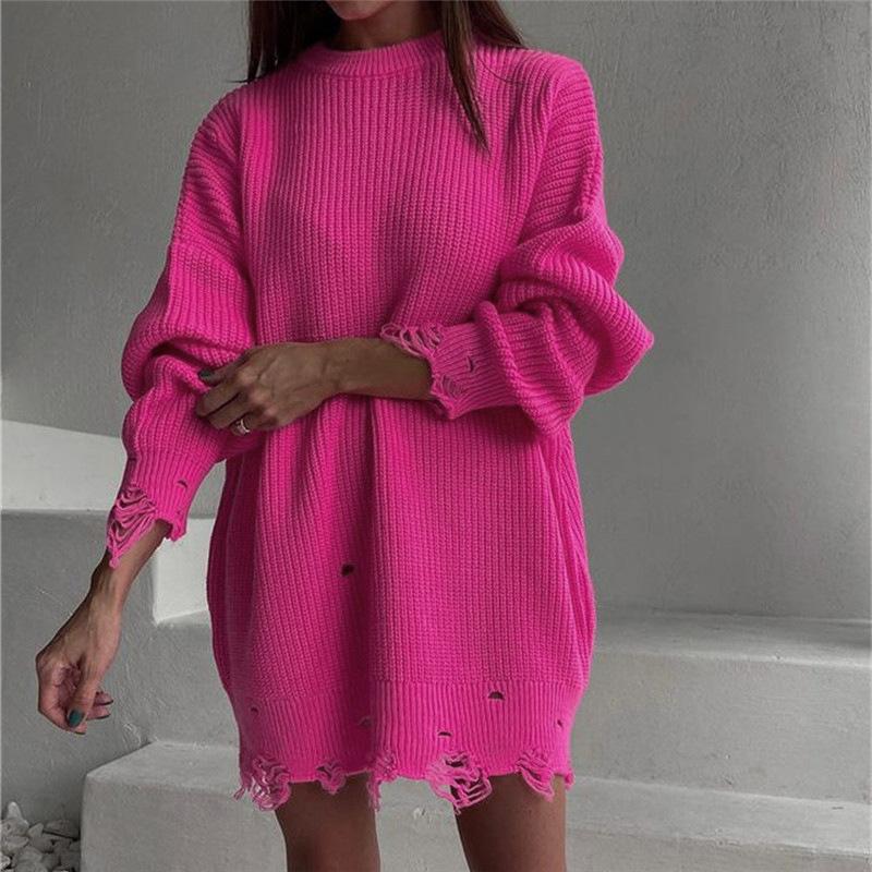 

Casual Dresses Y2K Solid Knitted Hollow Out Oversize Sweater Dress For Women O-neck Long Sleeve Sexy 2021 Winter Harajuku, Blue