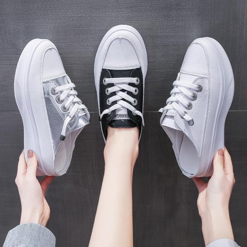 

Female Shoes Ladies' Slippers Platform Cover Toe Loafers Med 2021 Flat Soft Slides Cross-tied PU Rubber Spring Women Fema, Black