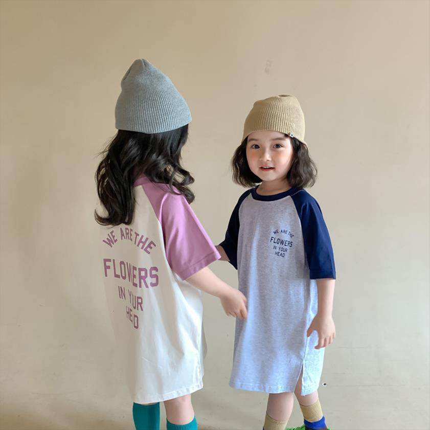 

Summer Korean Style Baby Girl Dress Girls Letters Printed Oversize Loose Long Tees Kids Casual, Red;yellow