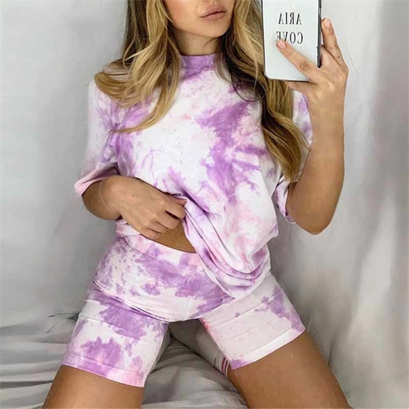 

Women Set Summer Tie Dye Short Sleeve Top Shirt Loose Biker Shorts Casual Two Piece Streetwear Outfits Tracksuits 210519, Purple