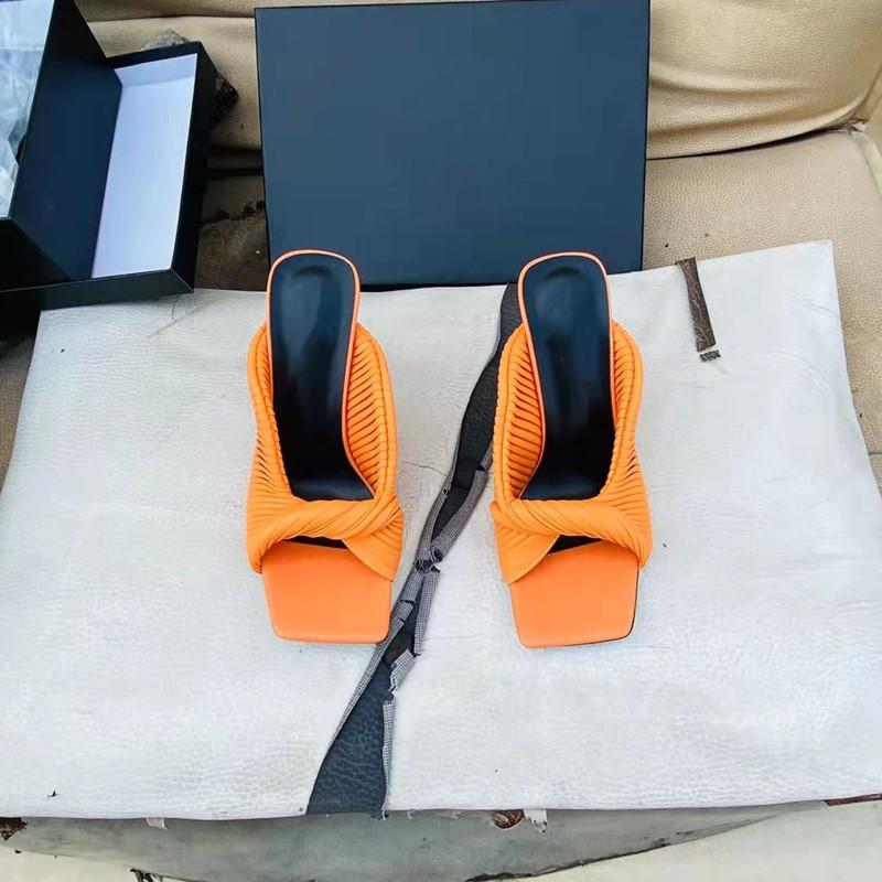 

Sandals 2022Women Mules Genuine Leather High Heels Cross-tied Slippers Pleated Style Summer Slides Brand Designer Fashion Woman Shoes, Black