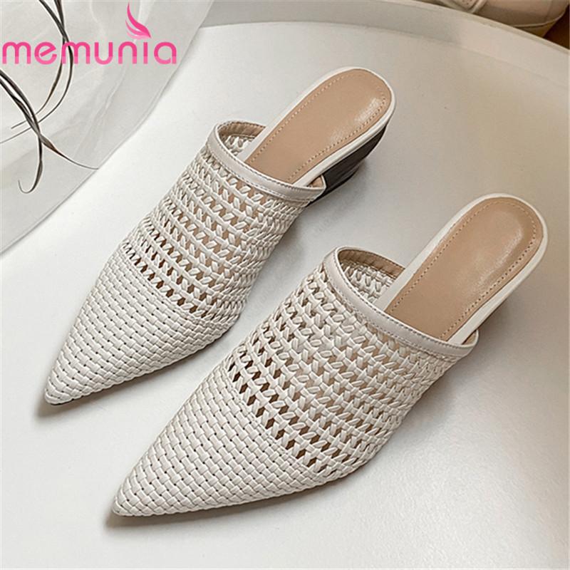 

Slippers MEMUNIA 2021 Est Summer Women Fashion Hollow Thick Heels Pointed Toe Ladies Shoes Solid Color Mules, Rice white