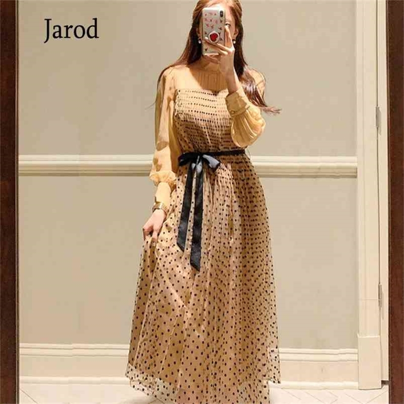 

spring Elegant Sexy Women Vintage Polka Dot Mesh Long Sleeve Stand collar Robe Femme OL Casual slim Woman pleated Dresses 210519, Picture color