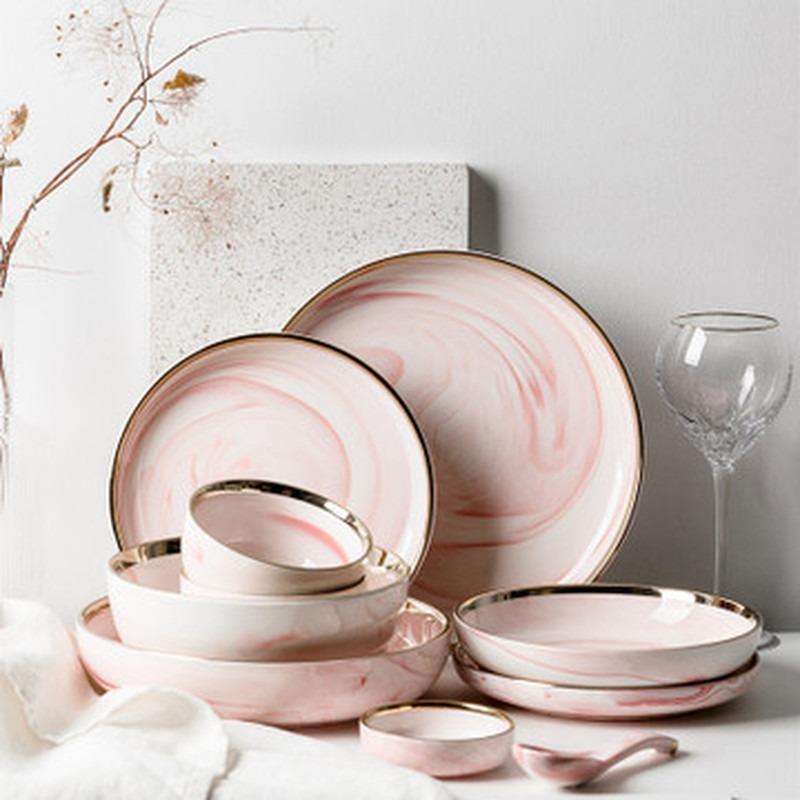 

Dinnerware Sets Nordic Phnom Penh Pink Marble Ceramic Cutlery Set Home Kitchen Supplies Bone China Plate Bowl Spoon Single Product Dishes