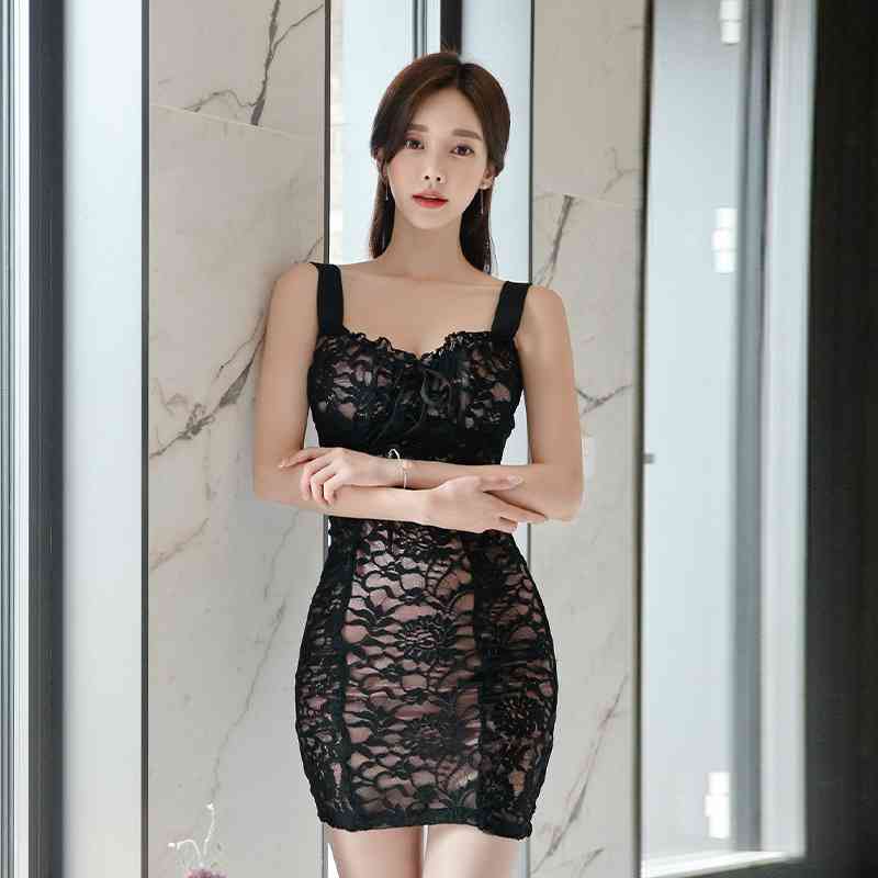 

LDYRWQY Dress summer ladies sexy sling lace Office Lady Polyester Lace Sleeveless 210603, Clear
