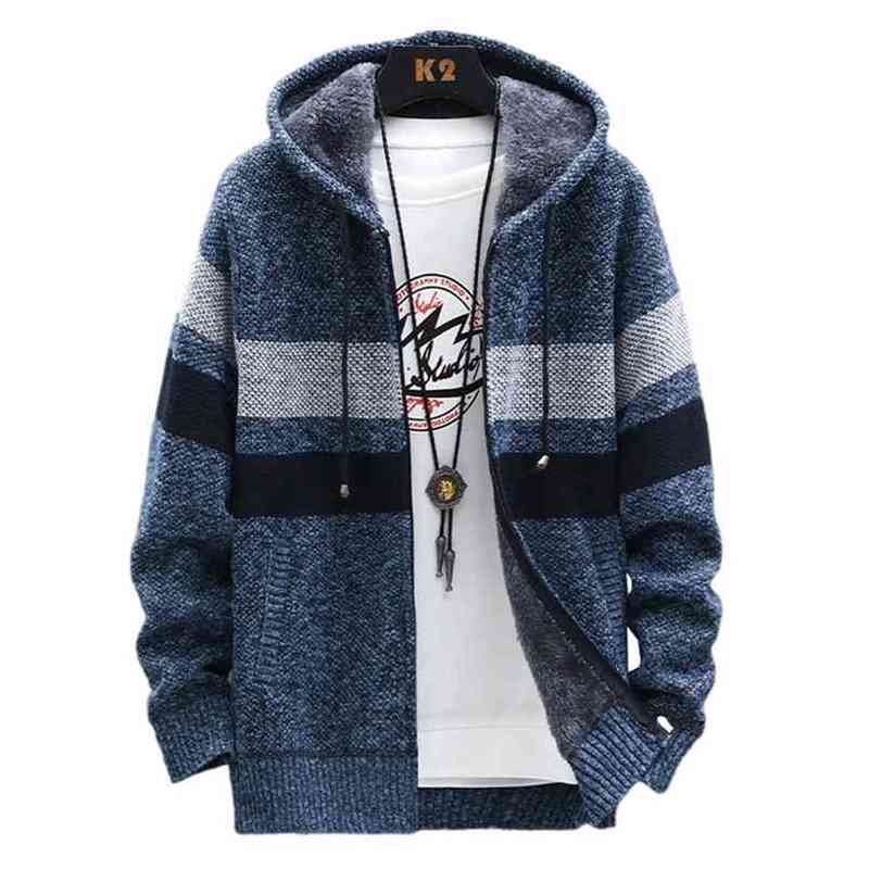 Fleece Warm Sweater Men Winter Hooded Cardigan Mens Striped Slim Sweaters Patchwork Coat Knitted Men's Hoodie Jumper Clothing 210809