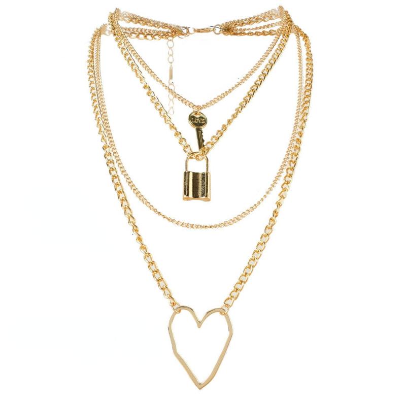 

Chokers Simple Personality Multi-layer Clavicle Chain Key Lock Necklace Female European Geometric Heart Pendant Necklaces For Women