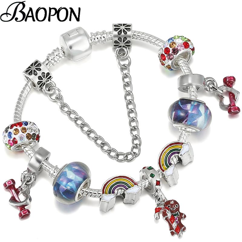 

Charm Bracelets Gingerbread Man Dumbbell Heart Pendant Bracelet With Rainbow Beads Brand For Women Men Jewelry Gift Drop
