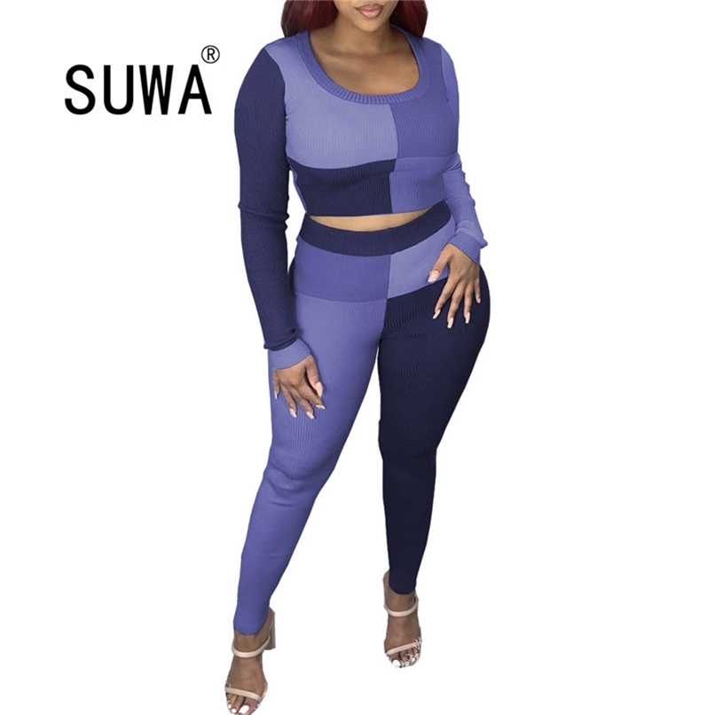

Wholesale Women Clothing Contrast Patchwork Casual Home Wear Matching Sets Two Piece Outfits Top Tunic Trousers Streetwear 210525, Blue