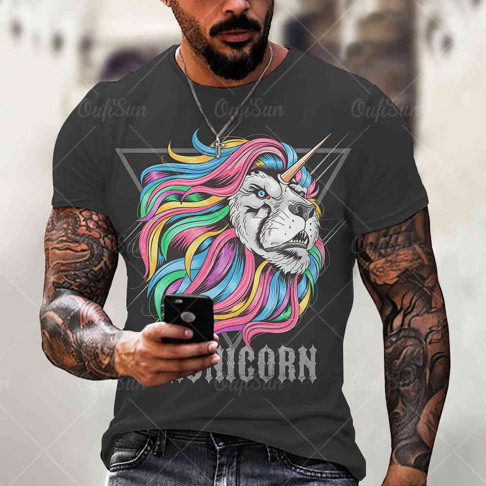 

summer fashion new t-shirt cool painted animal lion men's street trend short sve 3d t-shirtheee, White;black