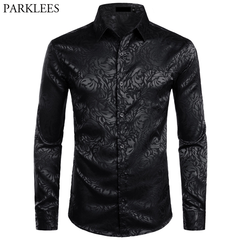 

Men's Floral Black Dress Shirts Stylish Long Sleeve Steampunk Men Party Club Bar Social Male Chemise Homme 210721