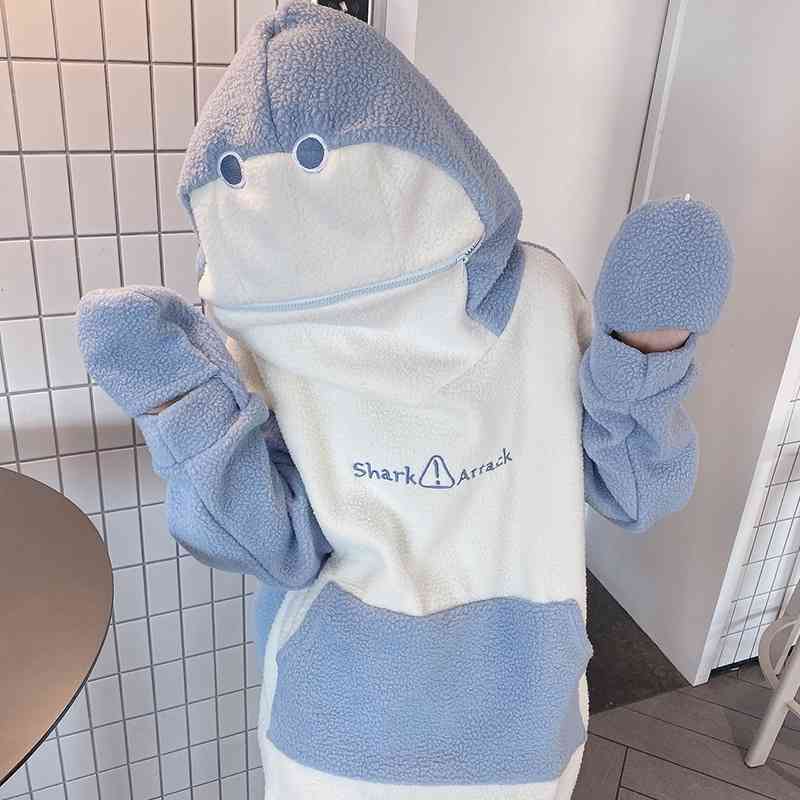 

Self closing sweater female shark hooded cute student loose Korean version new lamb fluffy top in autumn and winter 2021, Blue + white