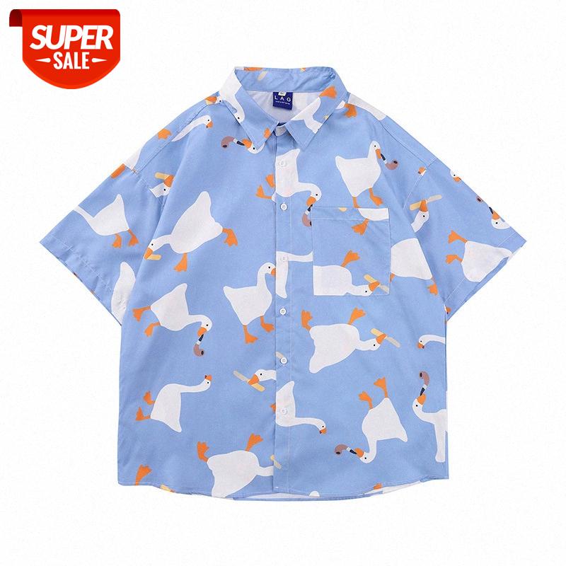 

Duck full print short-sleeved shirt men's lapel cardigan five-point sleeve half-sleeved #Fd9X, White;black