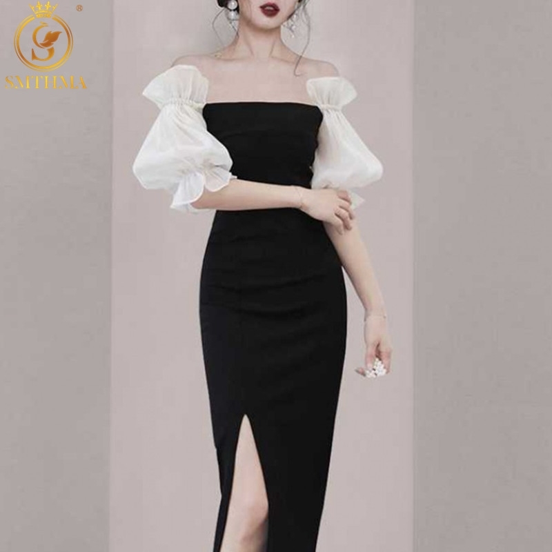 

Fashion Sexy Off Shoulder Summer Long Dresses Female Puff Sleeve Mesh Patchwork Split Black Vestidos 210520, Photo color