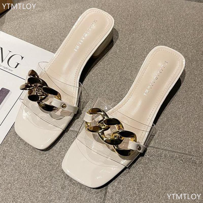 

Fashion PVC Women Shoes Summer Square Heel Peep Toe Slippers Shallow Metal Decoratio Zapatillas Mujer Casa, Black