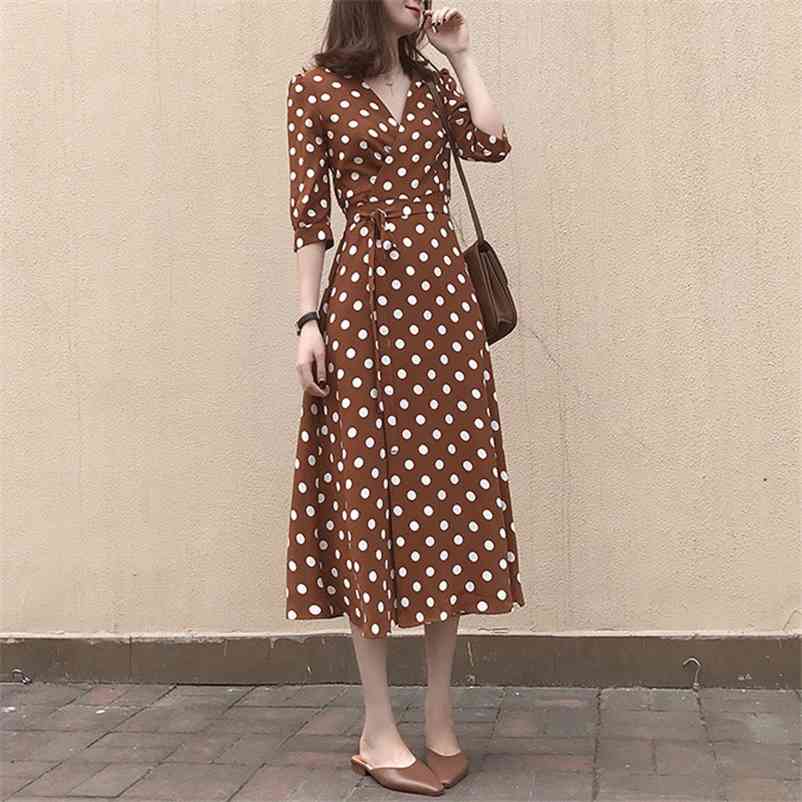 

Summer Women Elegant Dot Print Long Dress Female Hight Waist V-Neck Half Sleeve Office Lady Vintage 210519, Brown