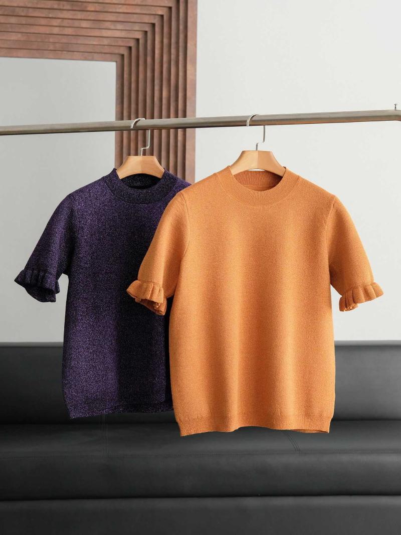 

Women's Sweaters Autumn Style Gold Thread Round Neck Pullover Sweater Ruffled Sleeve Knit Short Women, White;black