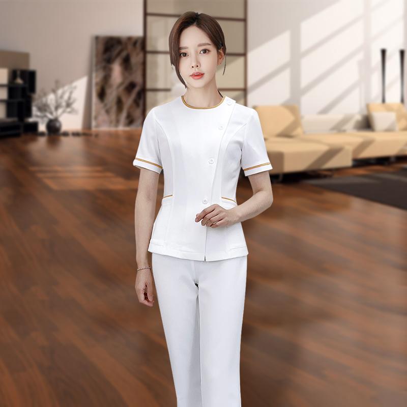 

Women' Two Piece Pants Beautician Summer Working Clothing Sauna Foot Bath Women Receptionist Uniforms Sets Beauty Salon Female Uniform Suit, White