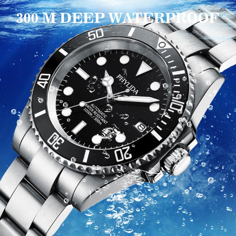 

Wristwatches PHYLIDA Automatic Nh35 Movement 300M Water Resistant 40mm Men's Black Diver Watch Sapphire Crystal SUB Homage, Without logo