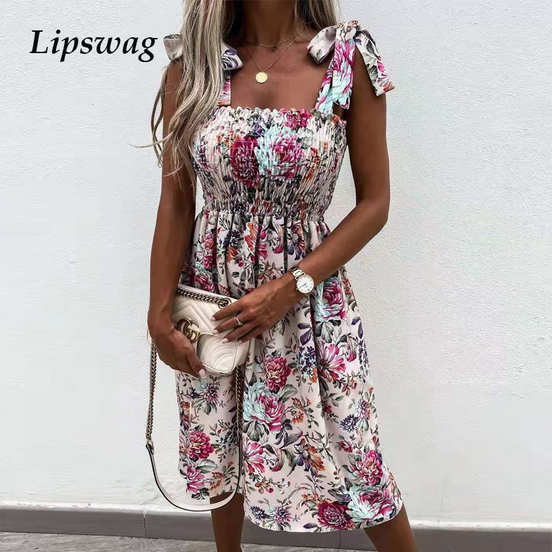 

vintage casual tie-up sling beach dress elegant floral print women party dress slash neck sleeveless summer dress vestidoshigh quality, Black;gray