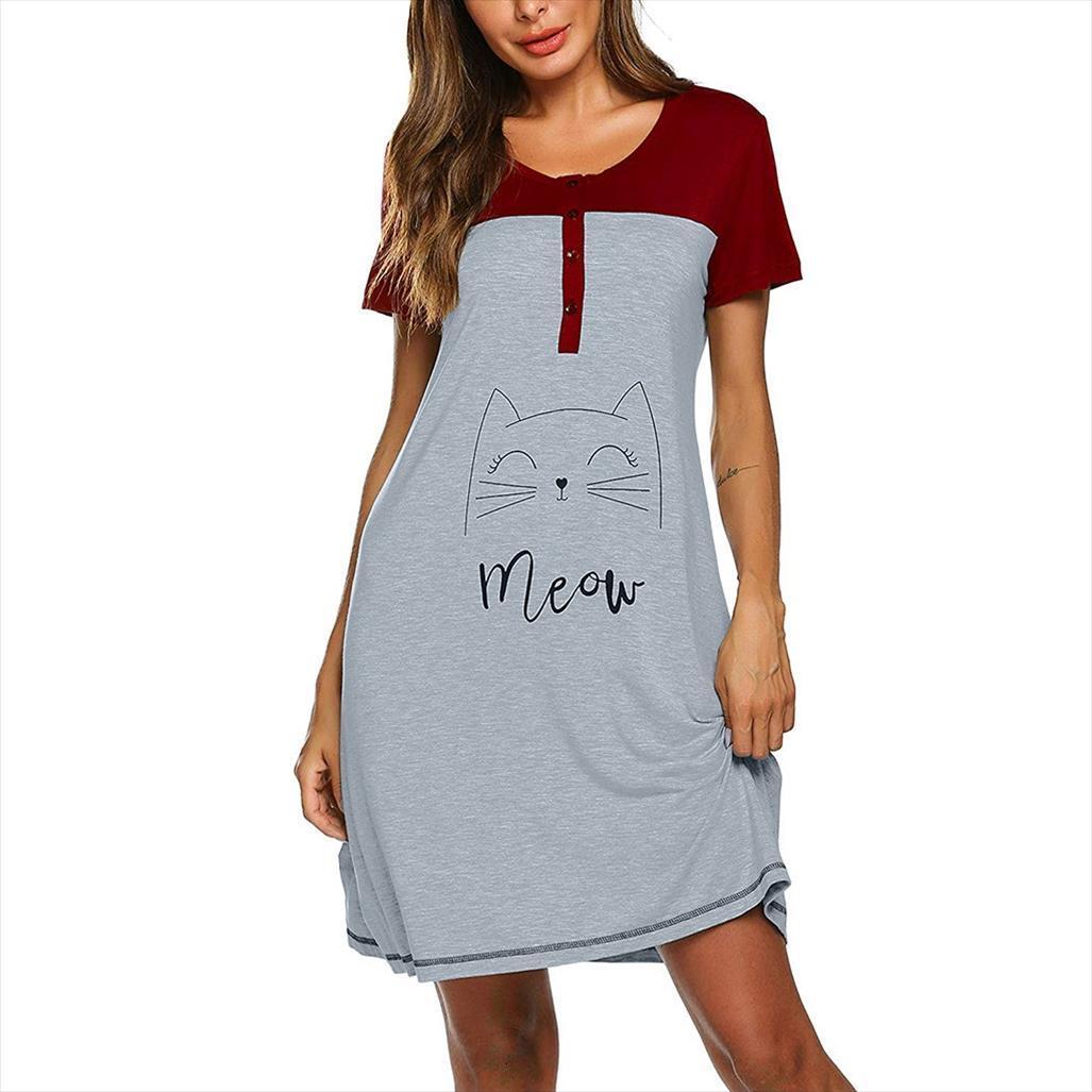 

maternity short sleeve cute women sleepwear print nursing nightdress breastfeeding dress robe pyjama night gown, Black;red