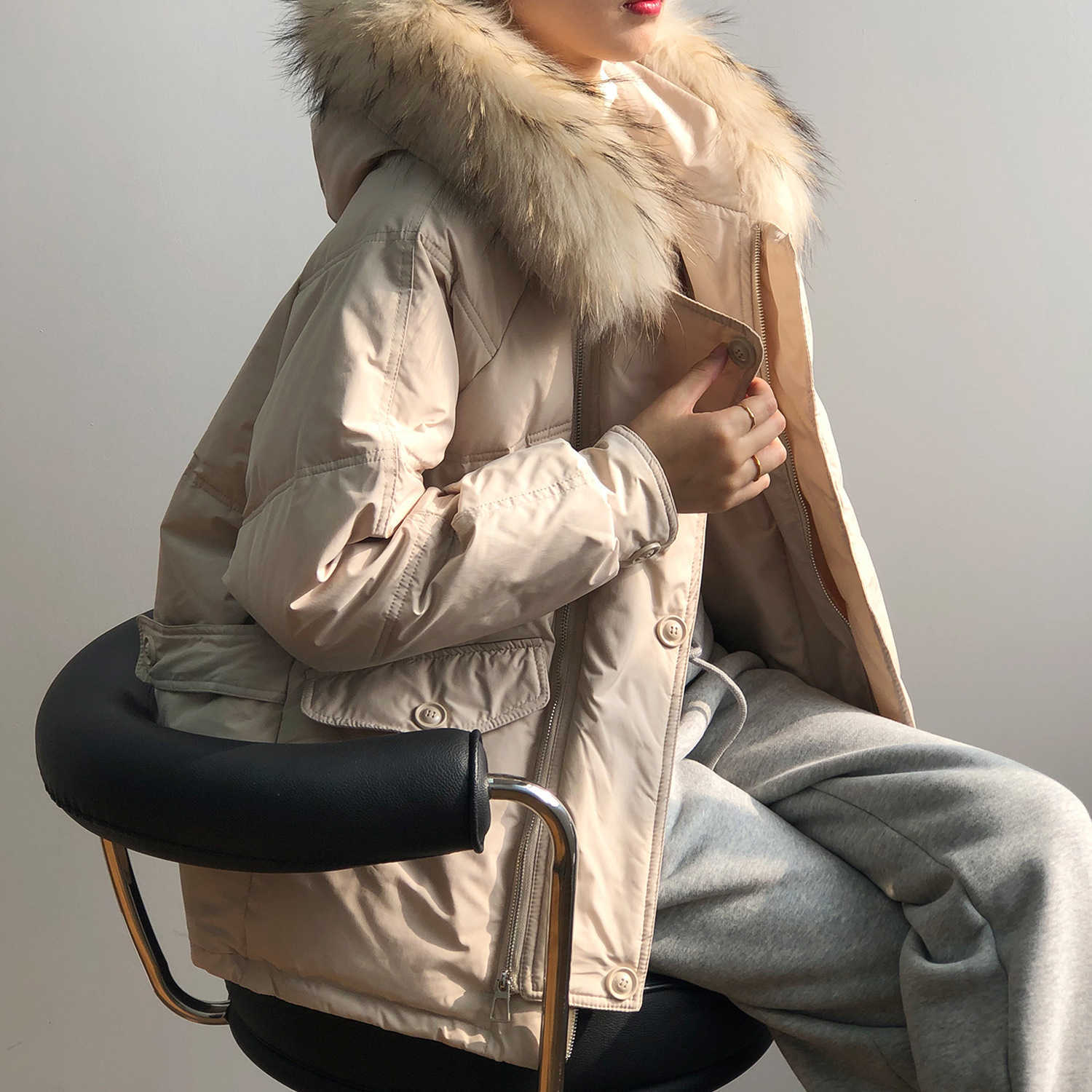 

Winter Fur Collar Hooded Down Jacket Women Long Sleeve Type Thickened Warm Coat H9018 210607, Black