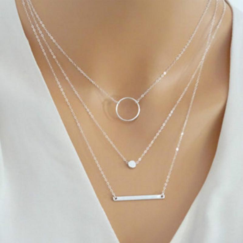 

Chains Fashion Multilayer Necklace Chain Pendant Metal Rod Circles Geometric Round Chokers Necklaces For Women Gift Jewelry, Silver