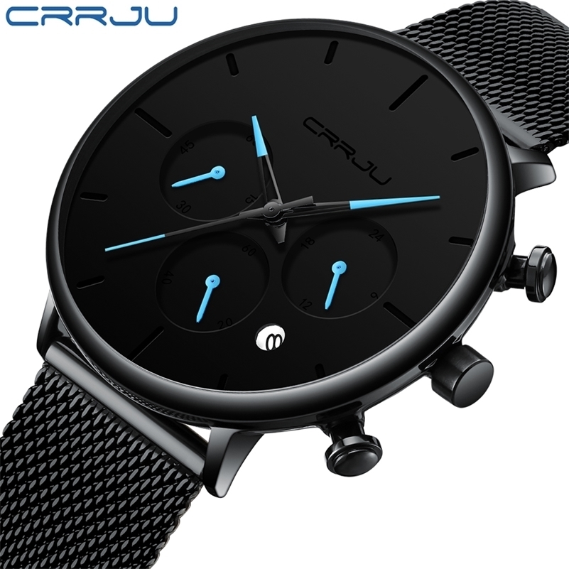 

Relogio Masculino CRRJU Mens Business Dress Watches Luxury Casual Waterproof Sport Watch Men 3-Sub Dial Quartz Full Steel clock 210517, Blue