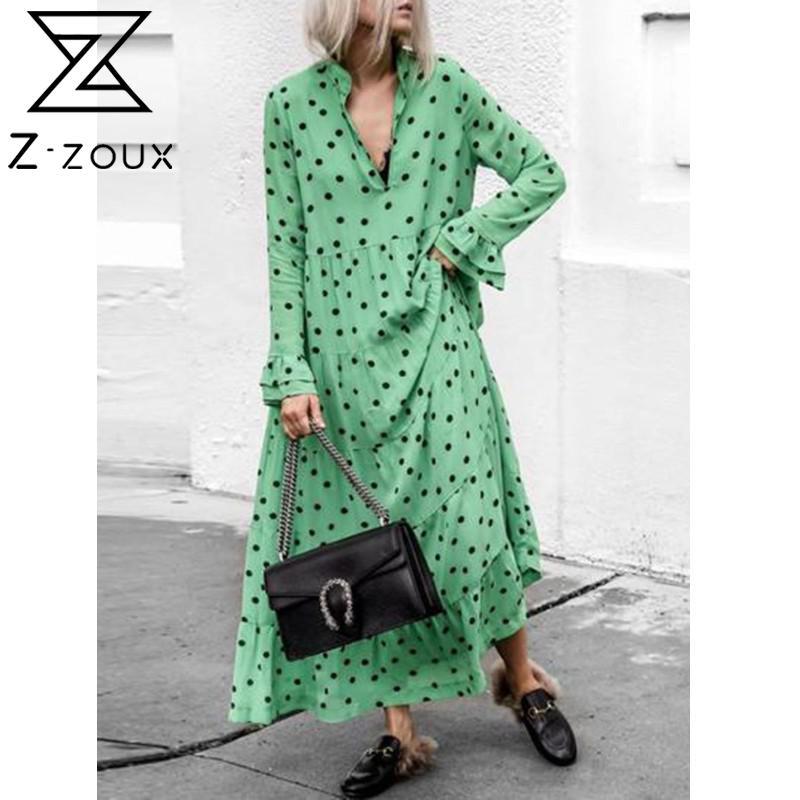 

Women Dress V-neck Long Sleeve Dot Dresses Plus Size Vintage Sexy Summer Clothes Fashion 210524, Green