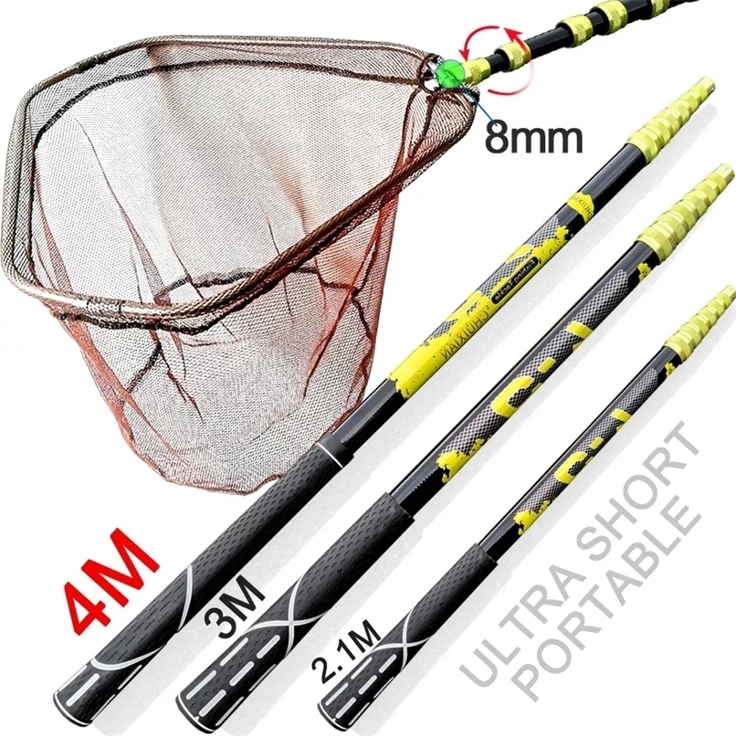 

JOSBY 4m 2.1m 3.6m Carbon Fishing Rod Nets Collapsible Tools Rhombus Mesh Hole Depth Folding Nylon Landing Dip Net 220226
