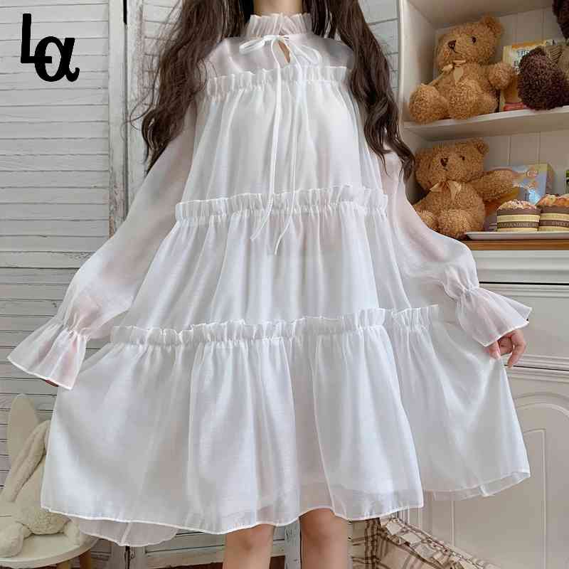 

Women Flare Sleeve Ruffle Lace Up Cute Dresses Vestidos White Black Lolita Japanese Soft Girl Sweet Princess 210519