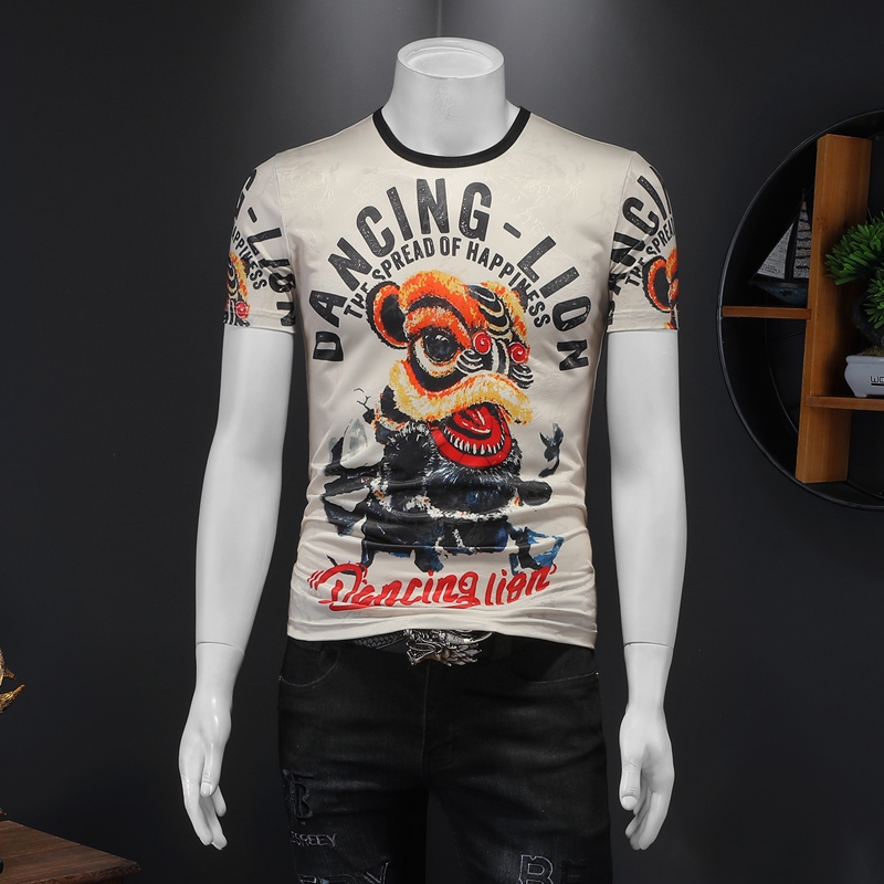 

2021 top ice silk flower short-sleeved men's self-cultivation trend nightclub fashion personality half-sleeved social compassionate printing, White;black