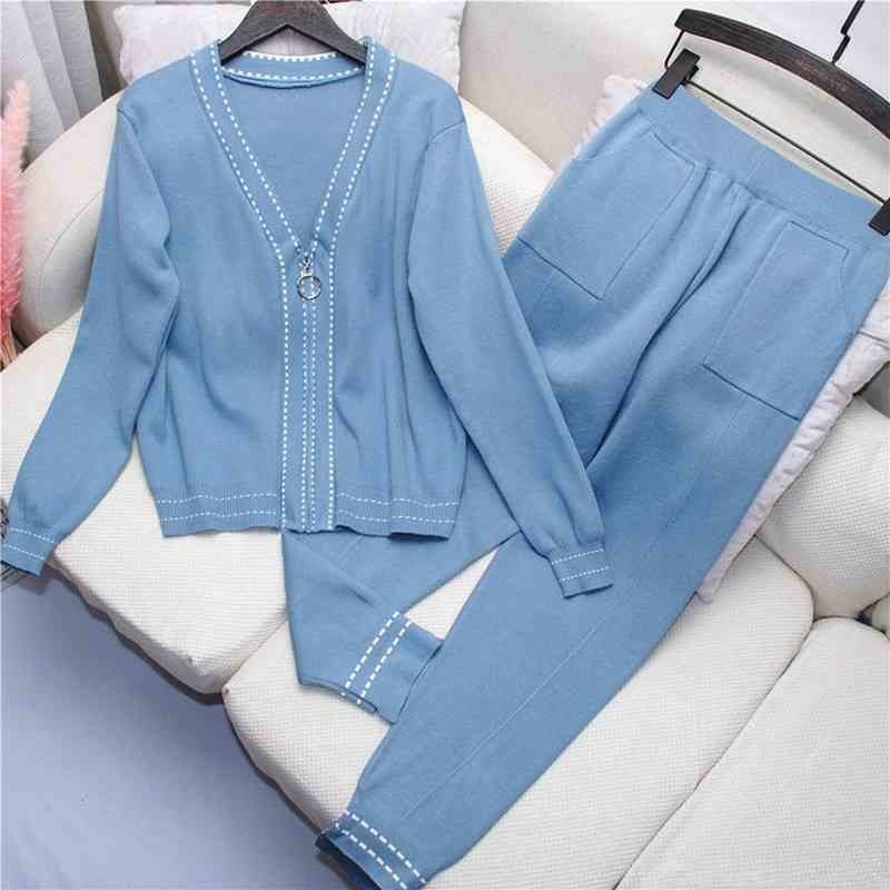 

Women Casual Tracksuit Knitted Coat and Long Pants Suit Autumn V-collar Zipper Up Cardigans +Trousers 2pcs Set Female 210525, Black