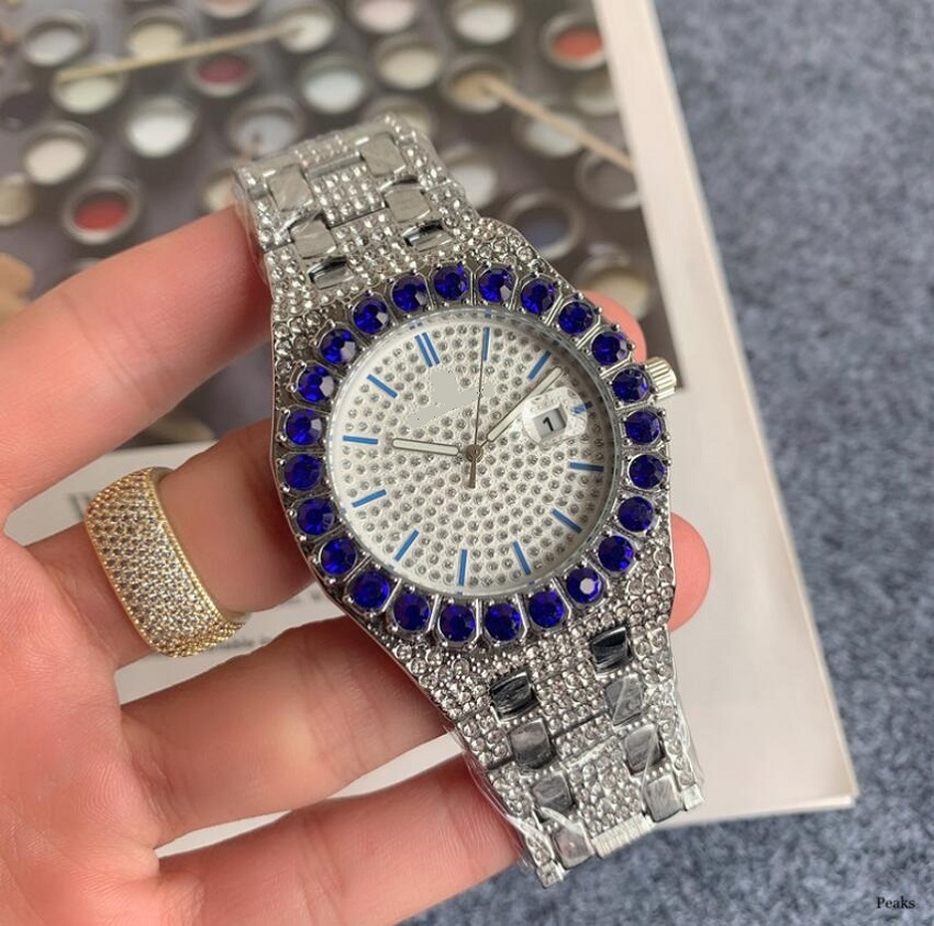 

Big Rhinestone inlaid outer men watch ring middle row diamond watches automatic Roman Famous Wristwatch, As pic
