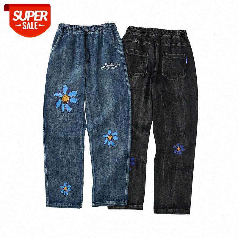 

LawFoo Men's Smiley Face Daisy Print Washed Jeans Pants #5r1J, Black