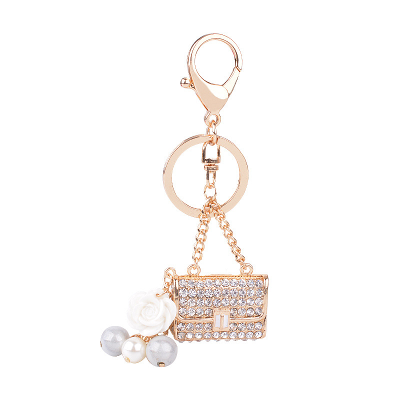 

Women Bag Shape Keychain Pearl Zipper Charms Crystal Rhinestone Key Chain Ring Fashion Holder Car Keyrings Trinket