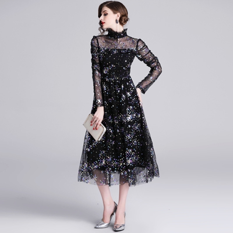 

Summer Mesh Dress Work Casual Slim Fashion O-neck Sexy Hollow Out Embroidery Dresses Women A-line Vintage Vestidos 210525, Picture color