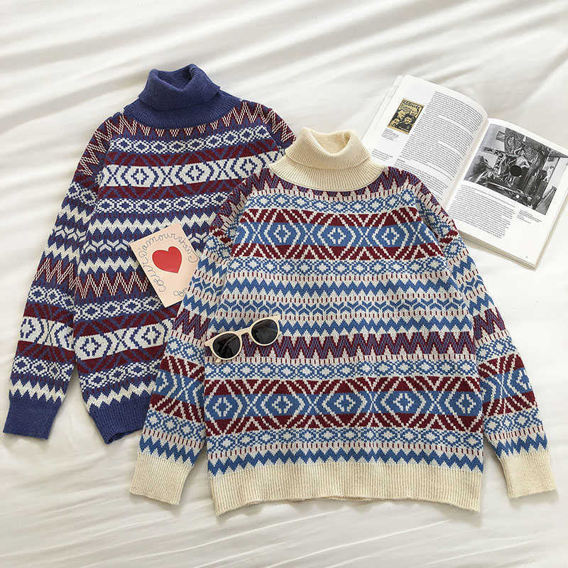 

Vintage Geometry Jumper Women Turtleneck Sweater Autumn Winter Long Sleeved Loose Korean Pullover Knitted Fashion Tops 210602, Apricot
